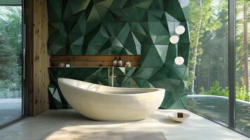 Geometric Green Bathroom Oasis with Elegant Freestanding Tub and Forest View photo