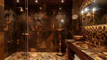 Exquisite Bathroom with Ornate Brass Fixtures and Rare Teak Wood Accents photo