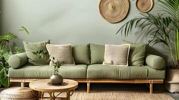 experiencia paz y armonía con un sabio verde sofá y bambú mueble en un moderno vivo habitación foto