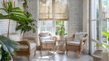 Cheerful Sunroom with White Brick Walls and Rattan Furniture - Inviting Conservatory Indoor Oasis photo