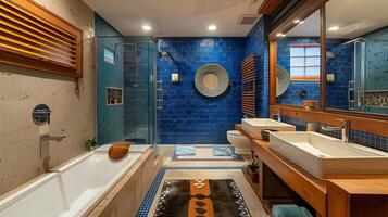 Bold Cobalt Feature Wall and Mango Wood Accessories in Spacious Bathroom photo