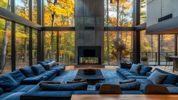 Floor-to-Ceiling Windows in a Modern Living Room Offering a Vibrant Autumn Forest View photo