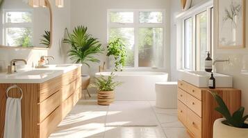 Bright and Airy Bathroom with Natural Wood Accents and Warm Lighting - Exuding Tranquility and Comfort, an Inviting Space for Relaxation photo