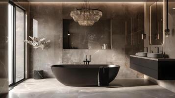 Elegant Modern Bathroom with Monochrome Tones and Crystal Chandelier photo