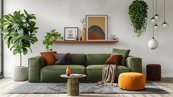 Harmonious Minimalist Living Room with Olive Green Leather Sofa and Moroccan-style Poufs photo