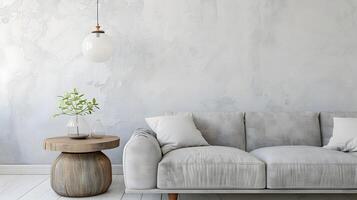 Grey Sofa adorns Neutral Minimalist Living Room with Greenery and Pendant Light photo