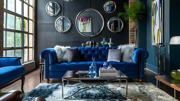 Bold Blue Velvet Chesterfield Sofa in Stylish Industrial Living Room with Silver Accents and Metal Mirrors photo