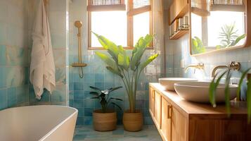 Boho Style Bathroom with Light Blue Tiles and Eco-Friendly Plants photo