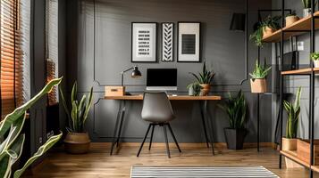 Contemporary Home Office Interior with Sleek Wooden Desk and Monochrome Illustrations Enhanced by Snake Plants photo