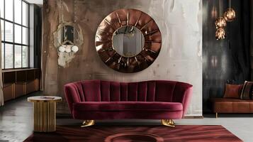 Burgundy Velvet Sofa with Brass Legs in Art Deco-Inspired Living Room Exuding Modern Luxury photo