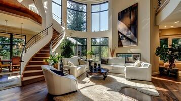 elegante mansión vivo habitación en Pacífico noroeste vitrinas sofisticado curvo escalera y moderno Arte foto