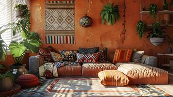 Eclectic Bohemian Living Room with Terracotta Walls and Vibrant Patterns in Warm and Inviting Space photo