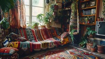 Bohemian Living Room Paradise A Cozy Haven of Vibrant Patterns, Hanging Plants, and Relaxation photo