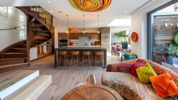 brillante y acogedor abierto plan cocina y vivo habitación con boho interior diseño en un moderno Londres hogar foto