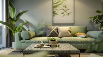 Chen Man-inspired Tranquil Living Room Light Green Sofa, Potted Plants, and Minimalist Art photo