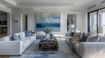 Coastal Living Room with Blue Accents and Ocean Painting A Modern Beach Style Sanctuary photo