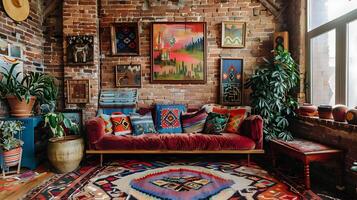 bohemio vivo habitación con rojo terciopelo sofá en medio de vistoso patrones y vibrante Arte foto