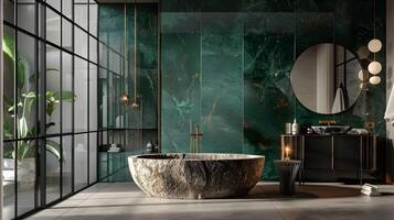 Contemporary Bathroom Design with Dark Green Marble Accent Wall and Stone Bathtub in Modern Style photo