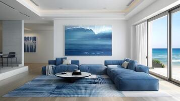 Blue Elements and Ocean View in Modern Living Room with Large Seascape Painting photo