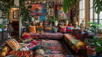 Bohemian Living Room A Maximalist Haven Brimming with Vibrant Patterns and Lush Plants photo