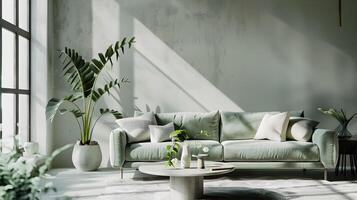 Calming Minimalist Living Room with Light Green Sofa and Concrete Coffee Table photo