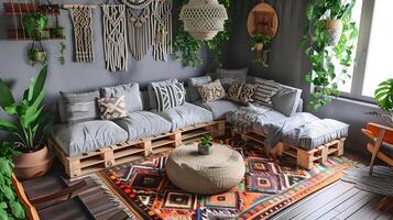 bohemio vivo habitación con paleta sofá y macramé en de madera piso foto