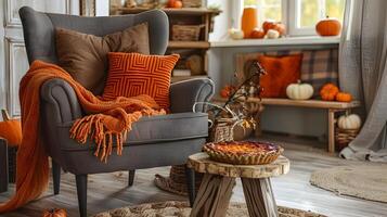 otoño vivo habitación con acogedor gris Sillón adornado con naranja almohadas y rústico de madera taburete participación calabaza tarta foto