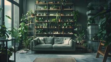 despertar tu Sentidos en un floreciente verde vivo habitación con estilo industrial estantería y botánico ambiente foto