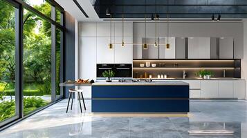 Blue and White Modern Kitchen with Cobalt Island and Marble Countertop Overlooking a Lush Garden photo