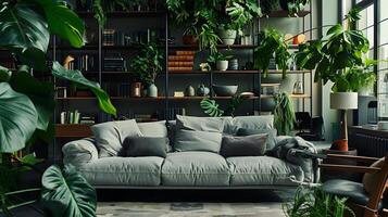 despertar Sentidos en un acogedor industrial vivo habitación lleno con lozano verde plantas y gris sofá foto