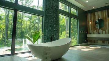 Contemporary Bathroom Oasis Modern Freestanding Tub Basks in Forest Views Amongst Green Geometric Wall Tiles and Natural Light photo