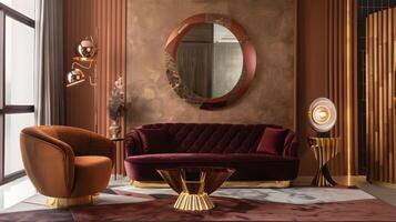 Burgundy Velvet Sofa in Art Deco-Inspired Living Room with Copper Wall and Circular Mirror photo