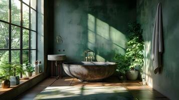 A Modern Bathroom Oasis Green Walls Radiate Serenity and Natural Beauty photo