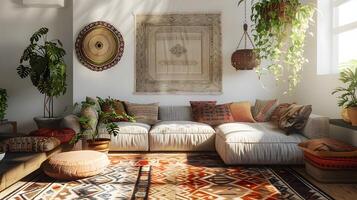 Bohemian Living Room Escape Oversized Plush Couch and Eclectic Wall Art in Warm, Inviting Space photo