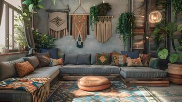 Bohemian Living Room Escape Relaxed Oasis with Earthy Tones and Global Influence photo