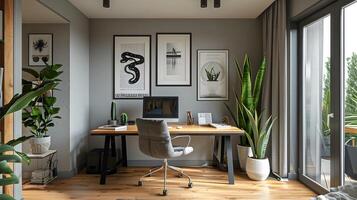 Contemporary Home Office with Dove Grey Walls and Minimalist Monochrome Illustrations photo