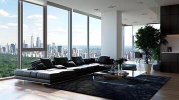 Contemporary Living Space in Skyscraper Apartment with Sleek Black Leather Sofa and Stunning City Skyline View photo