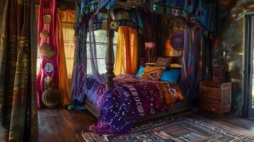 Bohemian Canopy Bed Adorned with Colorful Tapestries and Silk Pillows in an Eclectic Globetrotter Bedroom Setting photo