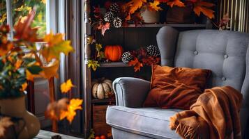 otoño decoración transforma acogedor gris Sillón dentro cosecha escondite en vivo habitación foto