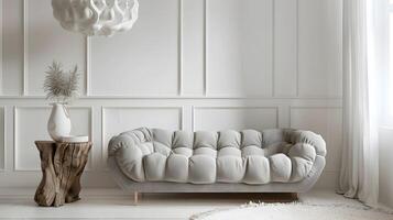 Cloud-Shaped Grey Linen Sofa in Minimalist White-Walled Room with Wooden Accents and Natural Light photo