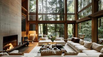 un moderno vivo habitación en un antiguo crecimiento bosque un de moda y calmante salón mejorado con natural elementos foto