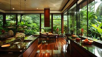 A Contemporary Kitchen Adjoins a Serene Tropical Rainforest, Exuding Lavish Style and Warmth photo
