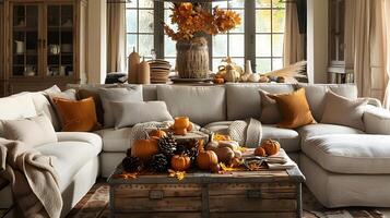 otoño vivo habitación decoración gris sofás adornado con calentar naranja almohadas y rústico de madera maletero café mesa adornado con otoño follaje foto