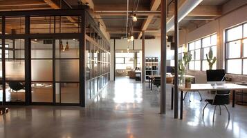 aireado desván oficina con industrial diseño y minimalista estaciones de trabajo foto