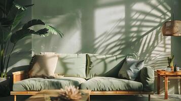 experiencia paz y armonía en esta moderno minimalista vivo habitación con un sabio verde sofá tomando el sol en suave tarde luz de sol foto