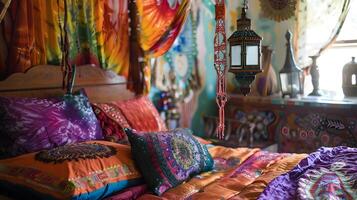 Bohemian Canopy Bed in Eclectic Globetrotter Bedroom adorned with Silk Pillows and Tie-dyed Linens photo