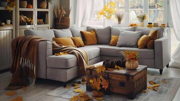 Autumn Living Room Decor Gray Sofa Adorned with Yellow Pillows in a Cozy Space Embracing the Warmth of Fall photo