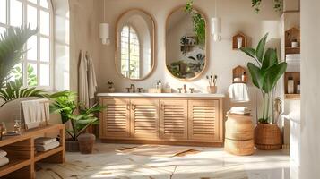 Boho Bathroom Sanctuary Earthy Tones, Plentiful Plants, and Bright Sunlight in a 3D Rendered Space photo