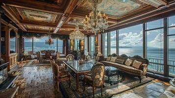 Art Deco Living Room in a Mansion with Breathtaking Sea Views and Opulent Design photo