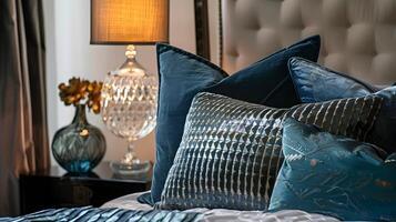 Arte deco cama con cristal lámpara y terciopelo almohadas - lujoso inspirado en los años 20 interior diseño foto
